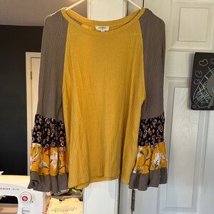 Umgee Mustard and Charcoal Floral Sleeve Blouse